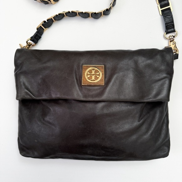 Tory Burch Dena Fold Over Convertible Gold Chain Black Leather Shoulder Bag - Picture 2 of 9